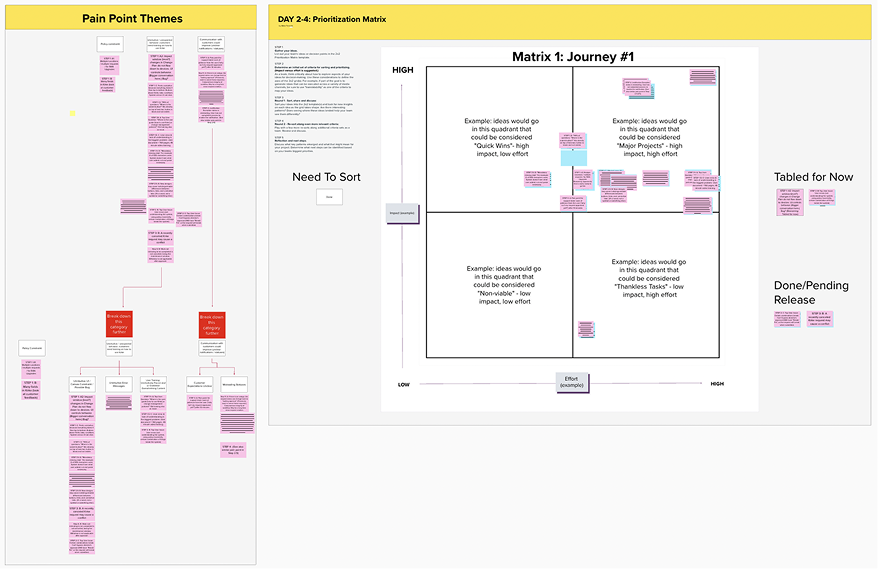 The identified pain points and the prioritization matrix.